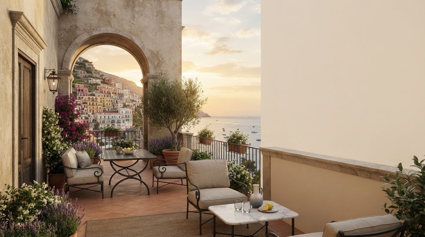 Palazzo Rendiora — postazione di lavoro minimalista con vista su un paesaggio mediterraneo e visualizzazioni dati astratte